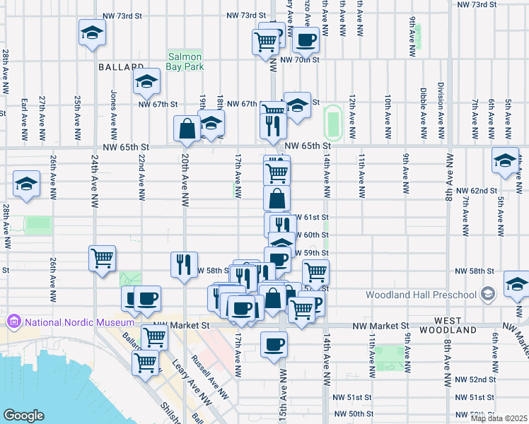 map of restaurants, bars, coffee shops, grocery stores, and more near 1527 Northwest 61st Street in Seattle