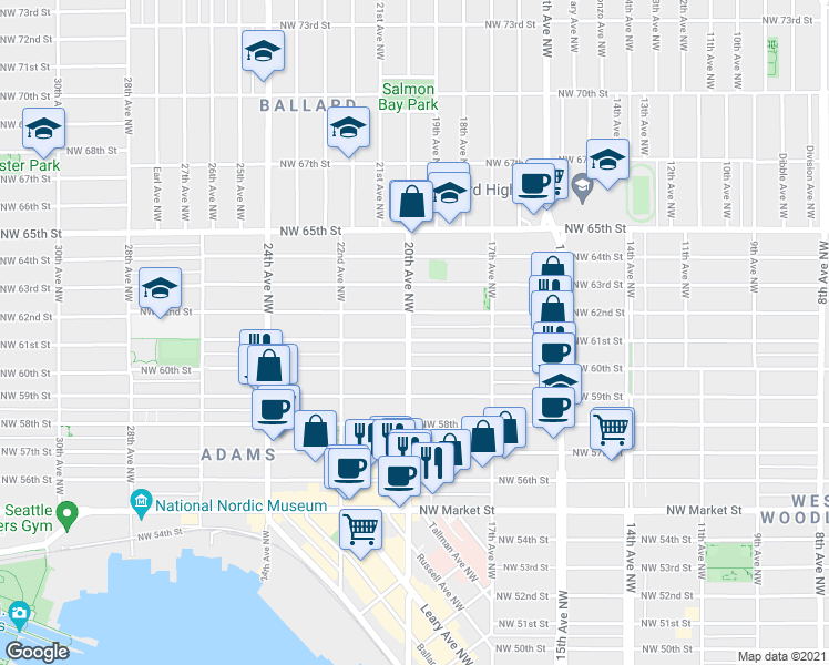 map of restaurants, bars, coffee shops, grocery stores, and more near 6020 20th Avenue Northwest in Seattle