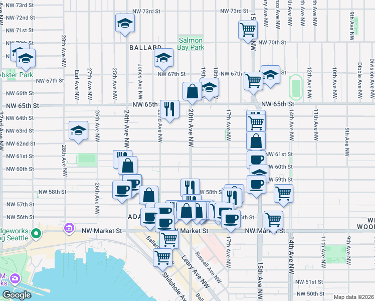 map of restaurants, bars, coffee shops, grocery stores, and more near 6020 20th Avenue Northwest in Seattle