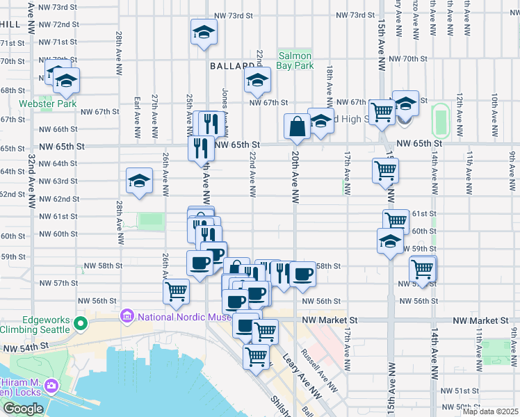 map of restaurants, bars, coffee shops, grocery stores, and more near 6027 22nd Avenue Northwest in Seattle