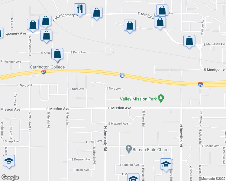 map of restaurants, bars, coffee shops, grocery stores, and more near 10714 East Nora Avenue in Spokane Valley