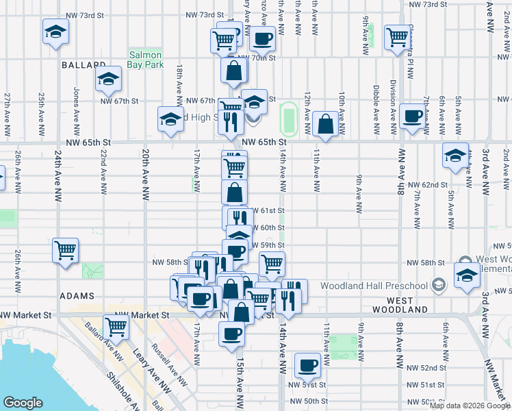 map of restaurants, bars, coffee shops, grocery stores, and more near 1419 Northwest 61st Street in Seattle