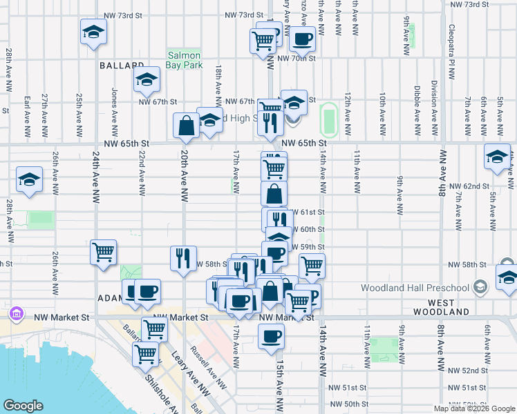 map of restaurants, bars, coffee shops, grocery stores, and more near 1527 Northwest 61st Street in Seattle