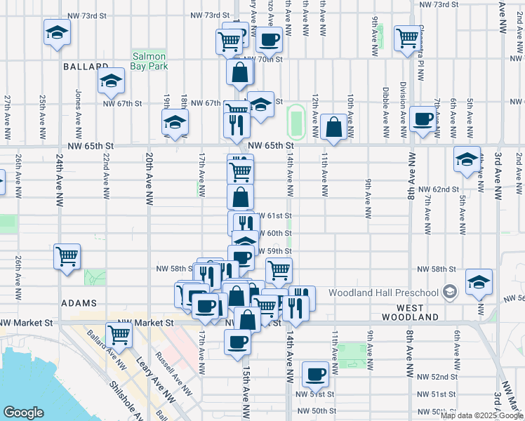 map of restaurants, bars, coffee shops, grocery stores, and more near 1432 Northwest 61st Street in Seattle