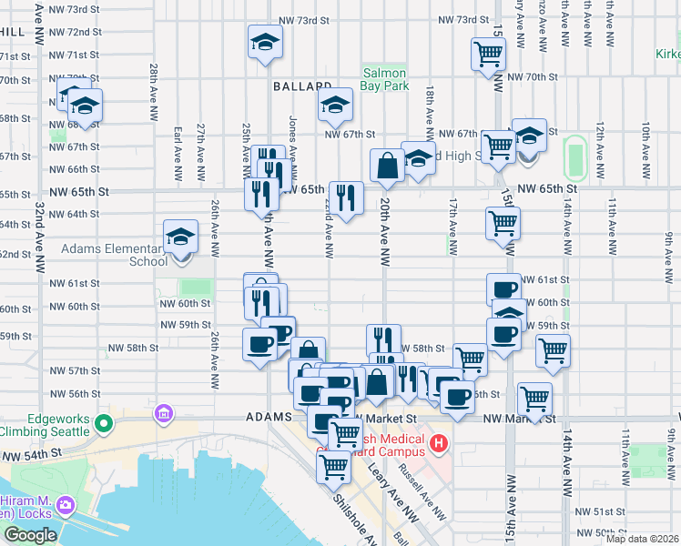 map of restaurants, bars, coffee shops, grocery stores, and more near 2048 Northwest 61st Street in Seattle