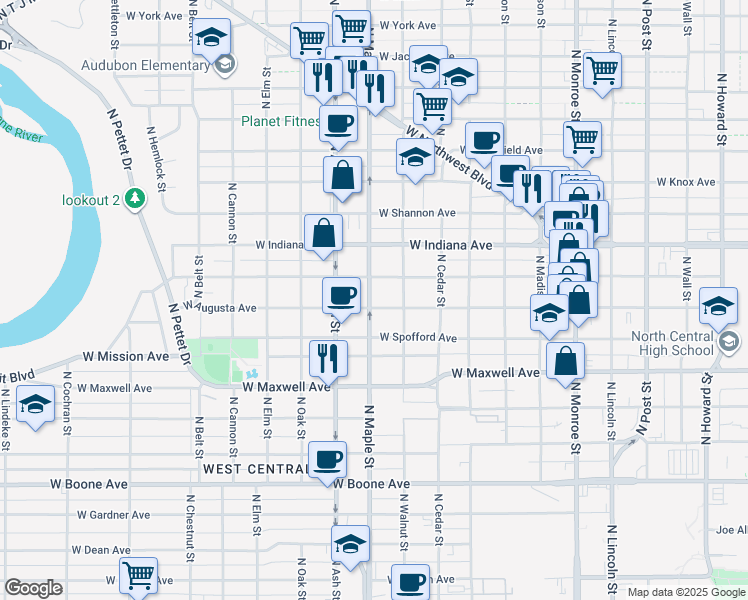 map of restaurants, bars, coffee shops, grocery stores, and more near 1519 West Augusta Avenue in Spokane