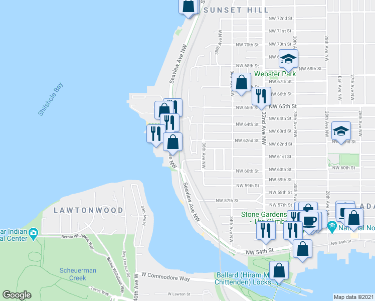 map of restaurants, bars, coffee shops, grocery stores, and more near 6117 37th Avenue Northwest in Seattle