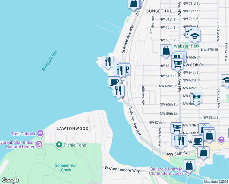 map of restaurants, bars, coffee shops, grocery stores, and more near 6049 Seaview Avenue Northwest in Seattle