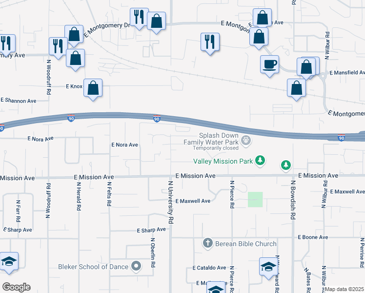 map of restaurants, bars, coffee shops, grocery stores, and more near 10716 East Nora Avenue in Spokane Valley
