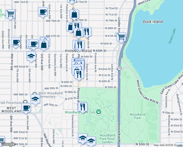 map of restaurants, bars, coffee shops, grocery stores, and more near 516 North 61st Street in Seattle