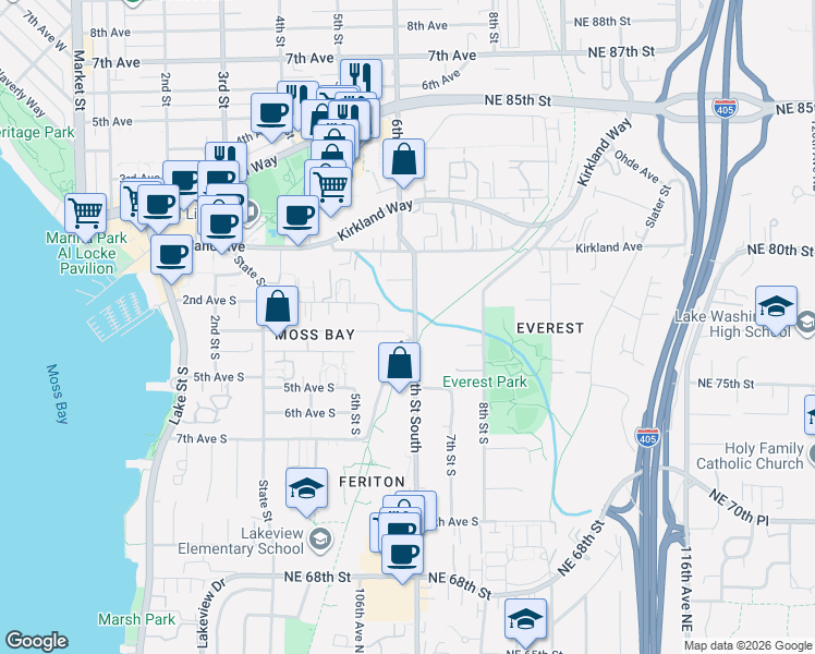 map of restaurants, bars, coffee shops, grocery stores, and more near 402 6th Street South in Kirkland