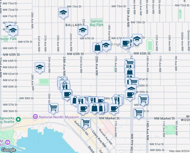 map of restaurants, bars, coffee shops, grocery stores, and more near 6107 20th Avenue Northwest in Seattle