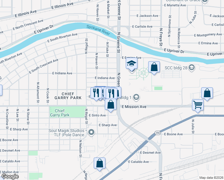 map of restaurants, bars, coffee shops, grocery stores, and more near 3117 East Augusta Avenue in Spokane