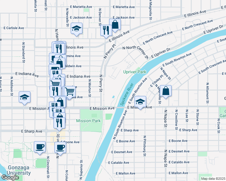 map of restaurants, bars, coffee shops, grocery stores, and more near 1441 East Mission Avenue in Spokane