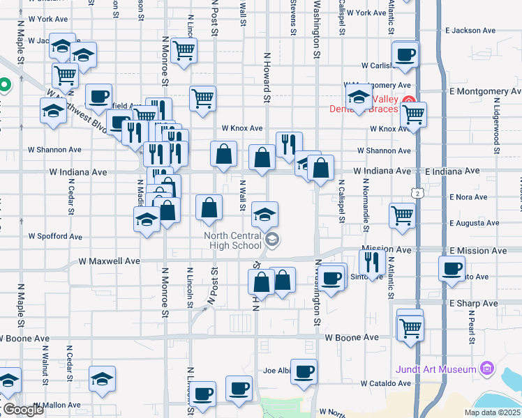map of restaurants, bars, coffee shops, grocery stores, and more near 623 West Augusta Avenue in Spokane