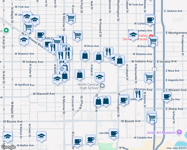 map of restaurants, bars, coffee shops, grocery stores, and more near 623 West Augusta Avenue in Spokane