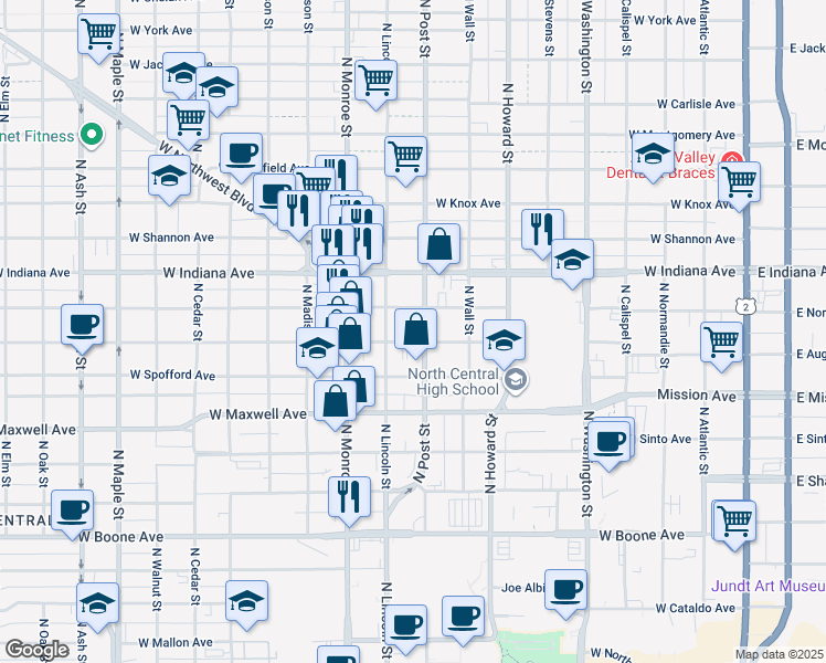 map of restaurants, bars, coffee shops, grocery stores, and more near 819 West Augusta Avenue in Spokane