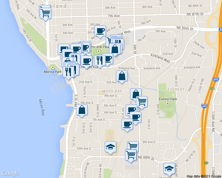 map of restaurants, bars, coffee shops, grocery stores, and more near 350 4th Avenue South in Kirkland
