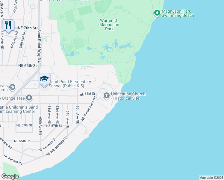 map of restaurants, bars, coffee shops, grocery stores, and more near 6655 Northeast Windermere Road in Seattle