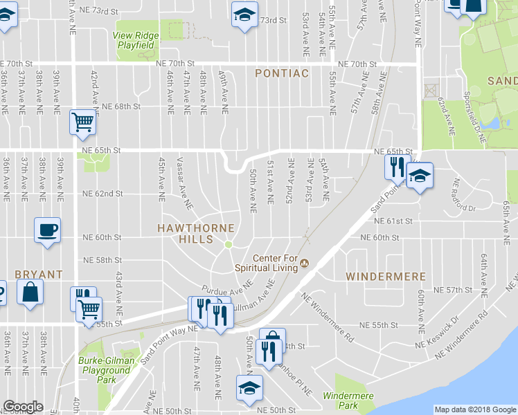 map of restaurants, bars, coffee shops, grocery stores, and more near 5840 Princeton Avenue Northeast in Seattle