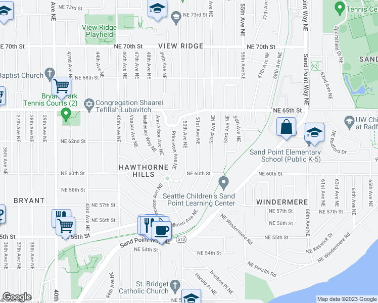 map of restaurants, bars, coffee shops, grocery stores, and more near 5840 Princeton Avenue Northeast in Seattle