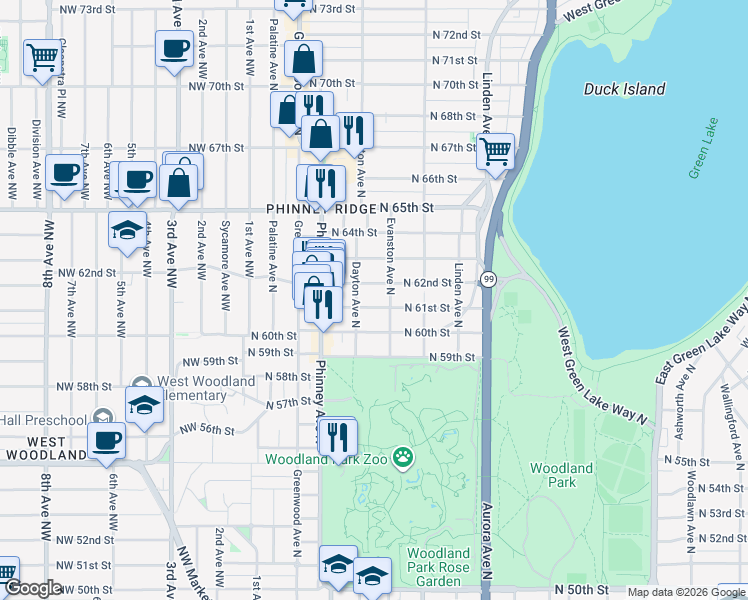 map of restaurants, bars, coffee shops, grocery stores, and more near 519 North 61st Street in Seattle