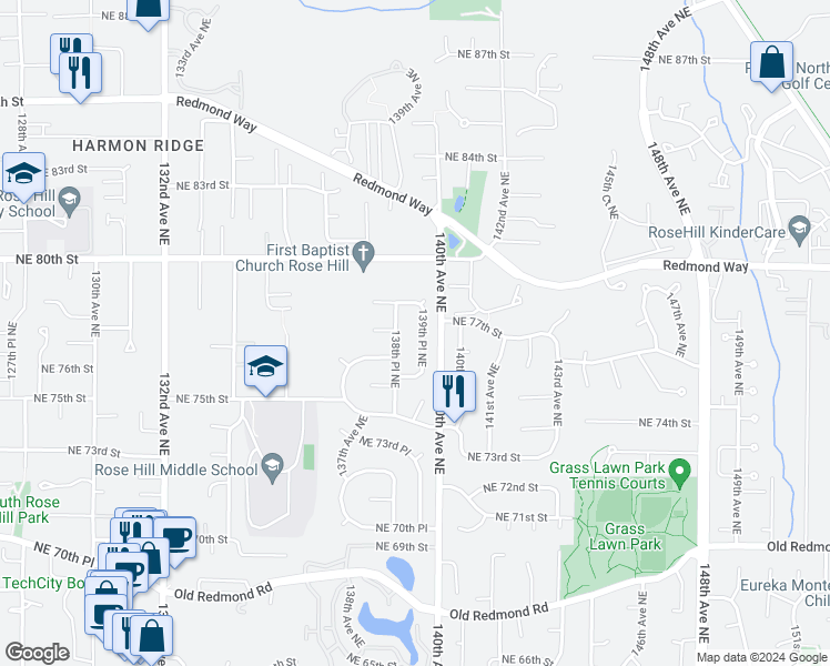 map of restaurants, bars, coffee shops, grocery stores, and more near 7643 139th Place Northeast in Redmond