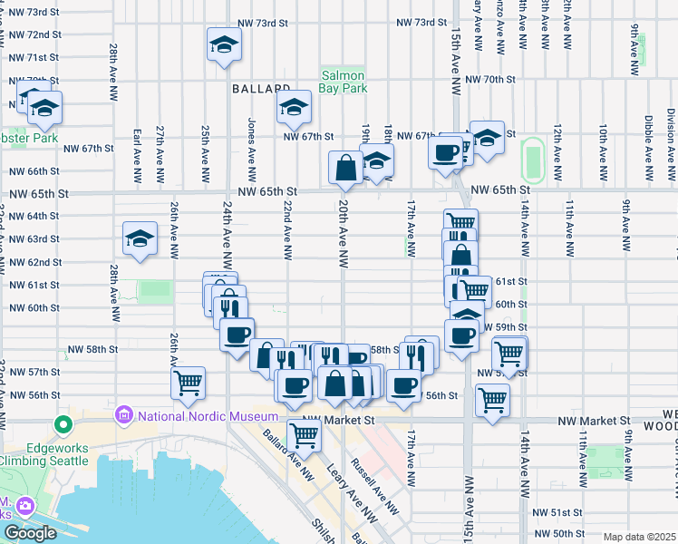 map of restaurants, bars, coffee shops, grocery stores, and more near 6109 20th Avenue Northwest in Seattle