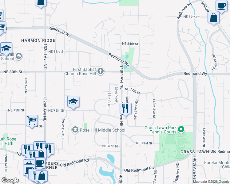 map of restaurants, bars, coffee shops, grocery stores, and more near 7627 139th Place Northeast in Redmond