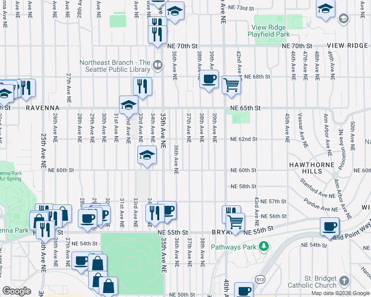 map of restaurants, bars, coffee shops, grocery stores, and more near 6026 36th Avenue Northeast in Seattle