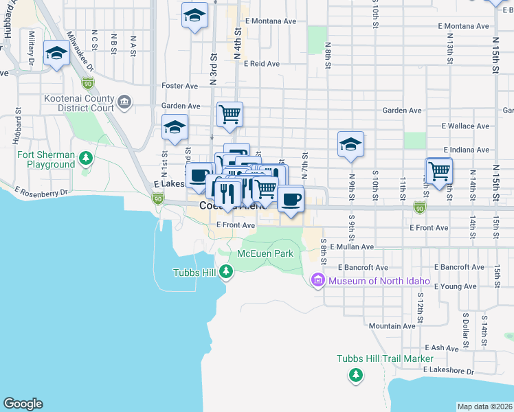 map of restaurants, bars, coffee shops, grocery stores, and more near Sherman Ave & S 5th St in Coeur d'Alene