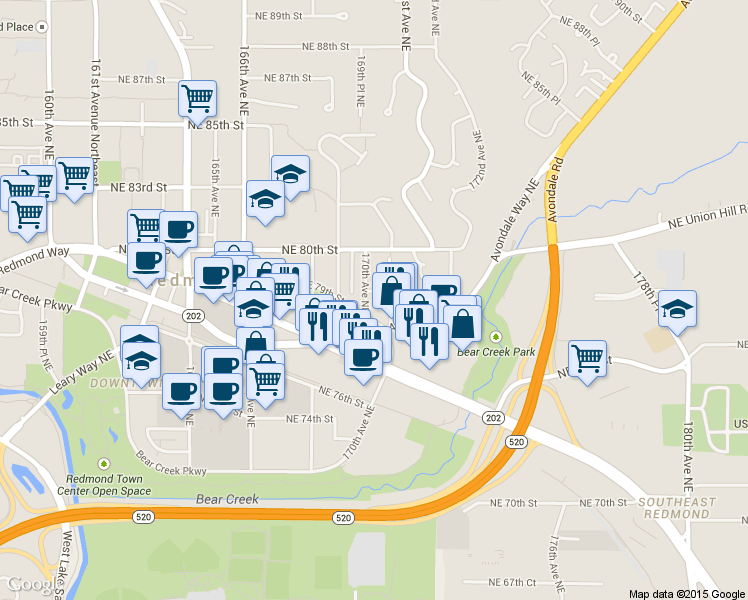 map of restaurants, bars, coffee shops, grocery stores, and more near 7912 170th Avenue Northeast in Redmond