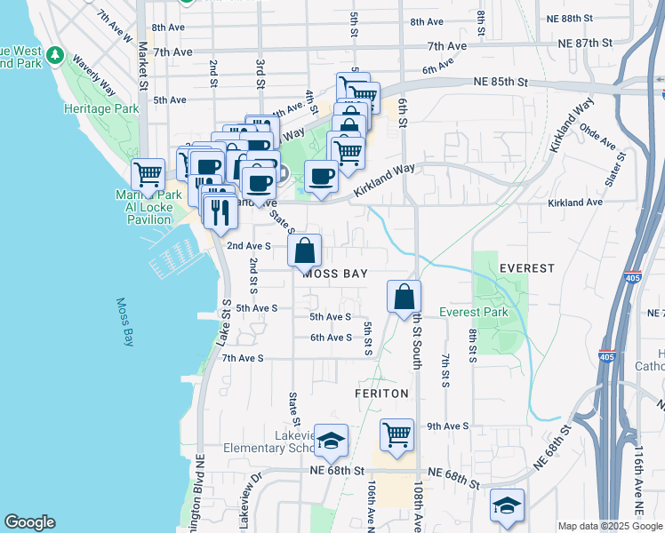 map of restaurants, bars, coffee shops, grocery stores, and more near 350 4th Avenue South in Kirkland