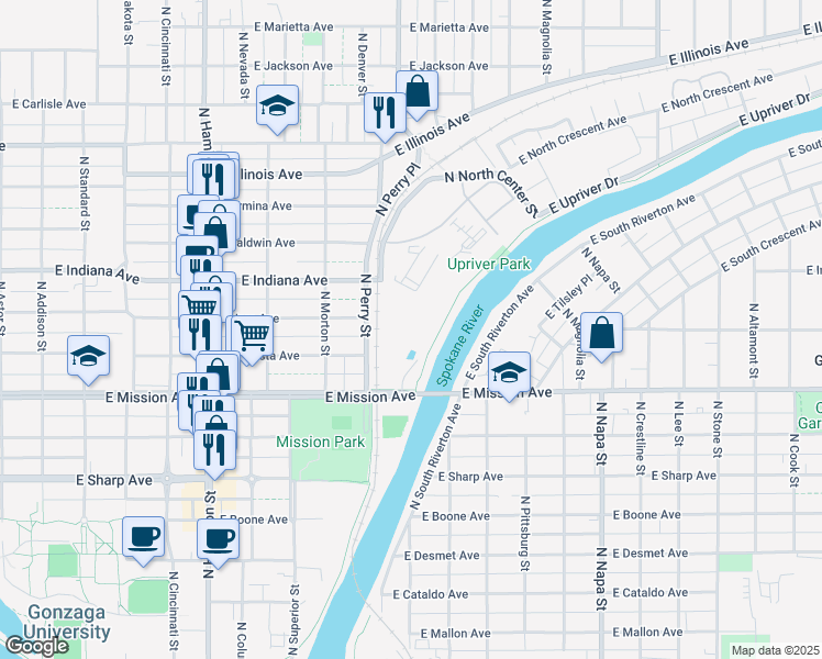 map of restaurants, bars, coffee shops, grocery stores, and more near 1411 East Mission Avenue in Spokane