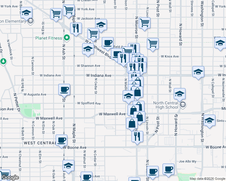 map of restaurants, bars, coffee shops, grocery stores, and more near 1217 West Augusta Avenue in Spokane