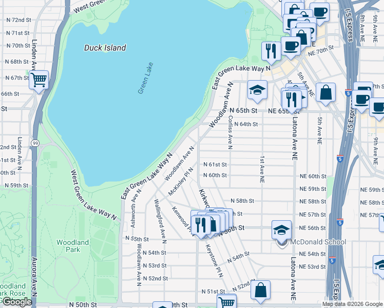 map of restaurants, bars, coffee shops, grocery stores, and more near 6023 McKinley Place North in Seattle