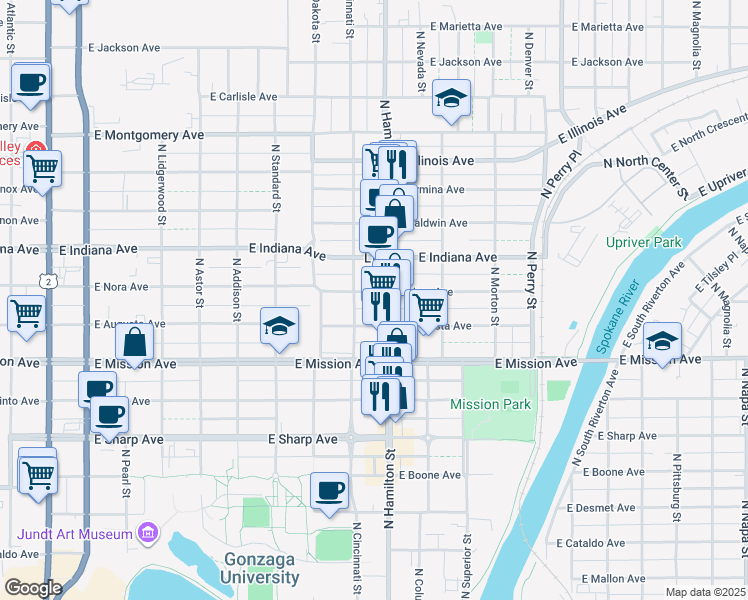map of restaurants, bars, coffee shops, grocery stores, and more near 813 East Augusta Avenue in Spokane