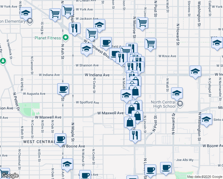 map of restaurants, bars, coffee shops, grocery stores, and more near 1217 West Augusta Avenue in Spokane