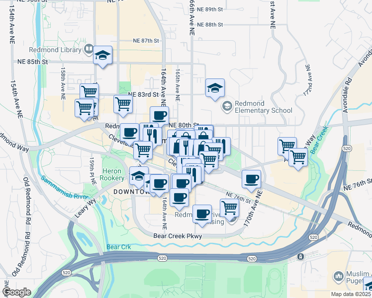 map of restaurants, bars, coffee shops, grocery stores, and more near in Redmond