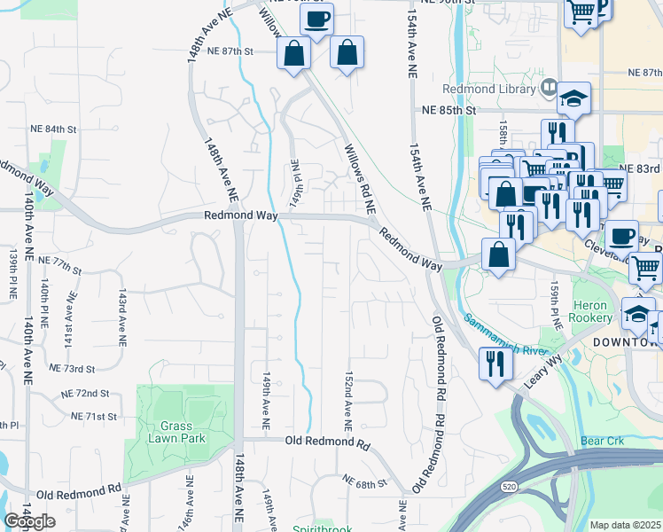 map of restaurants, bars, coffee shops, grocery stores, and more near 7654 151st Avenue Northeast in Redmond