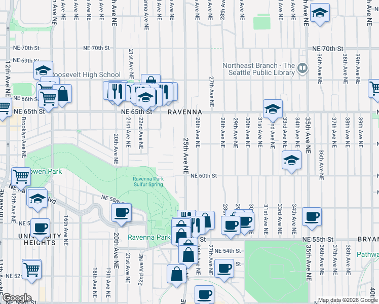 map of restaurants, bars, coffee shops, grocery stores, and more near 6027 25th Avenue Northeast in Seattle