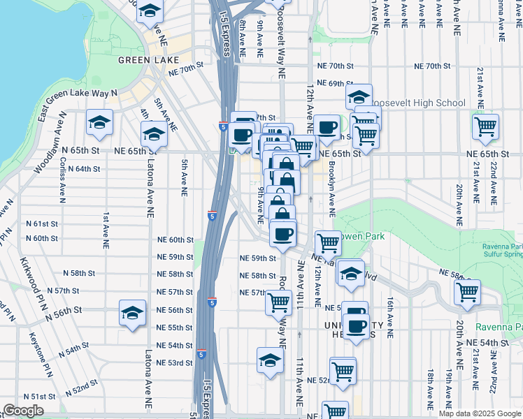 map of restaurants, bars, coffee shops, grocery stores, and more near 842 Northeast Ravenna Boulevard in Seattle