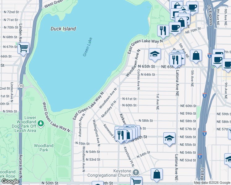 map of restaurants, bars, coffee shops, grocery stores, and more near 6023 McKinley Place North in Seattle