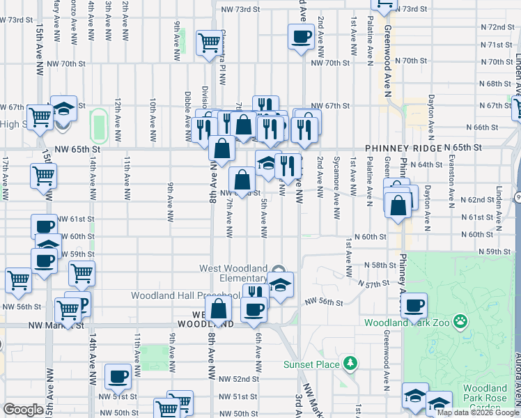 map of restaurants, bars, coffee shops, grocery stores, and more near 6016 5th Avenue Northwest in Seattle