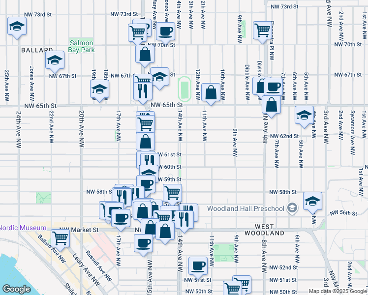 map of restaurants, bars, coffee shops, grocery stores, and more near 1143 Northwest 61st Street in Seattle