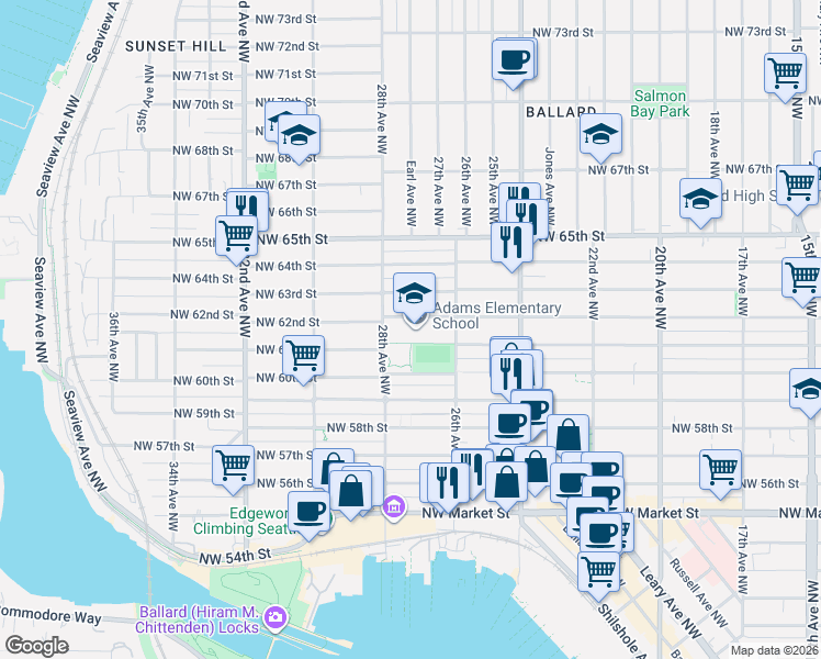 map of restaurants, bars, coffee shops, grocery stores, and more near 6020 28th Avenue Northwest in Seattle