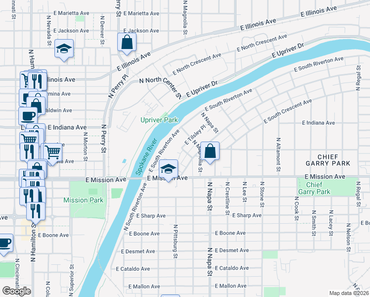 map of restaurants, bars, coffee shops, grocery stores, and more near 1825 North Zappone Place in Spokane
