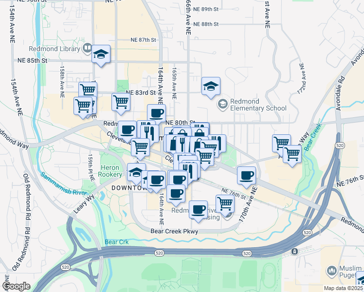 map of restaurants, bars, coffee shops, grocery stores, and more near 16450 Redmond Way in Redmond