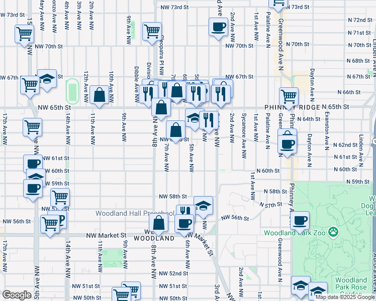 map of restaurants, bars, coffee shops, grocery stores, and more near 6020 6th Avenue Northwest in Seattle