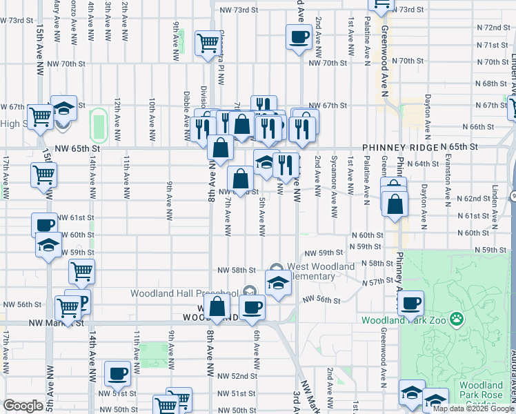 map of restaurants, bars, coffee shops, grocery stores, and more near 6016 5th Avenue Northwest in Seattle